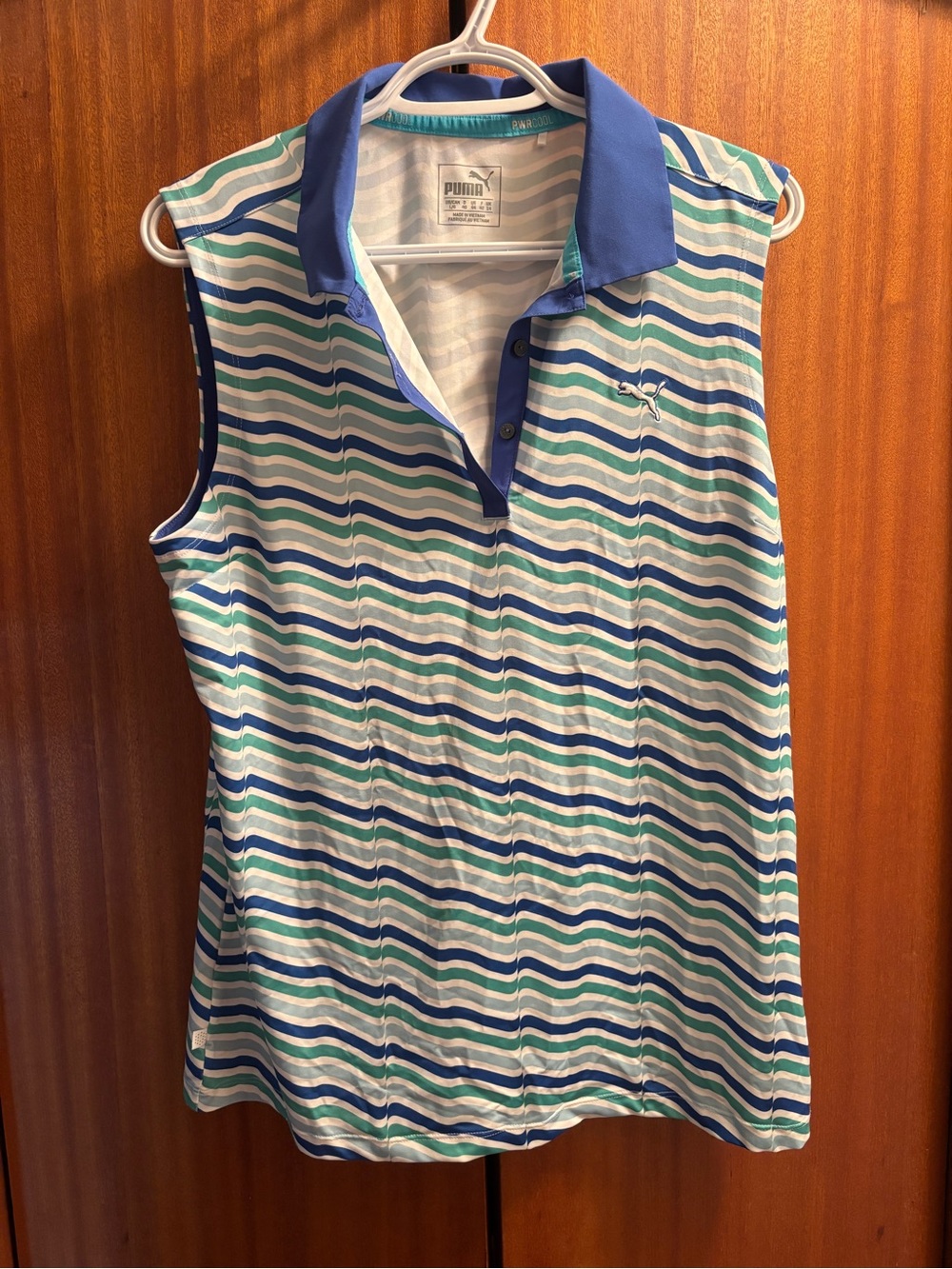 Puma Women's Sleeveless Polo - Blue, Teal & White Wave Stripes